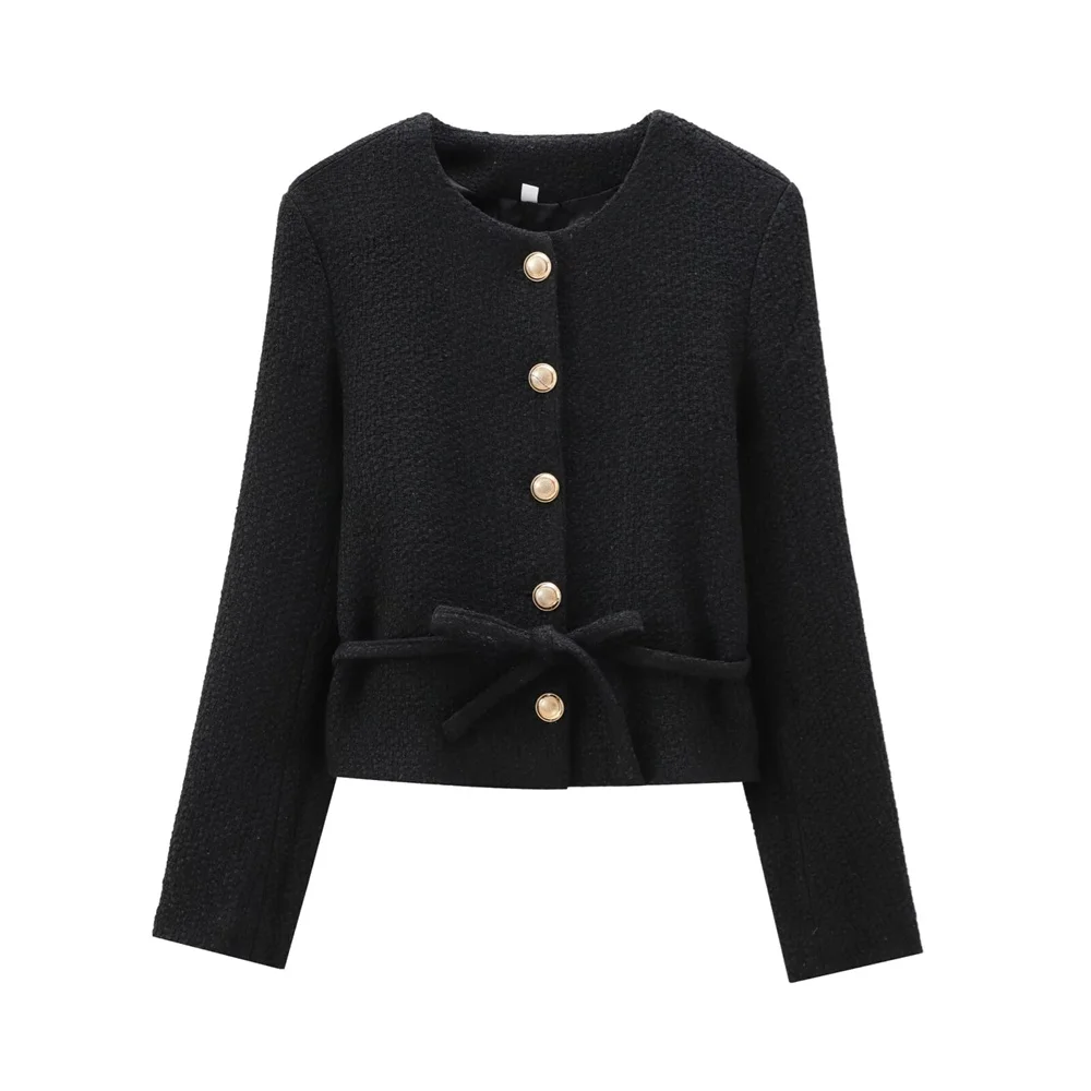 UNIZERA 2024 Autumn New Product Casual Women's Fashion Small Fragrant Style Belt Texture Round Neck Long Sleeve Suit Coat