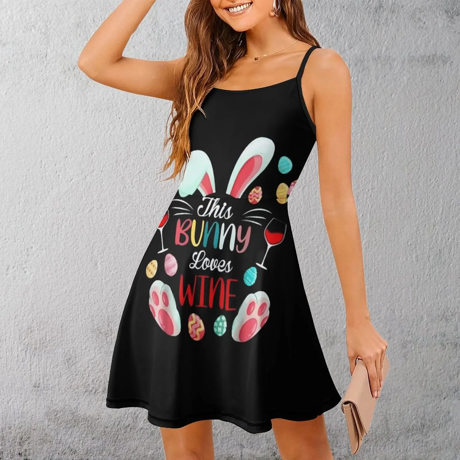

Женское платье на бретельках с кроликом, вино, пасхальными яйцами, уникальное экзотическое женское платье, платье на подтяжках для вечеринок с графическим рисунком
