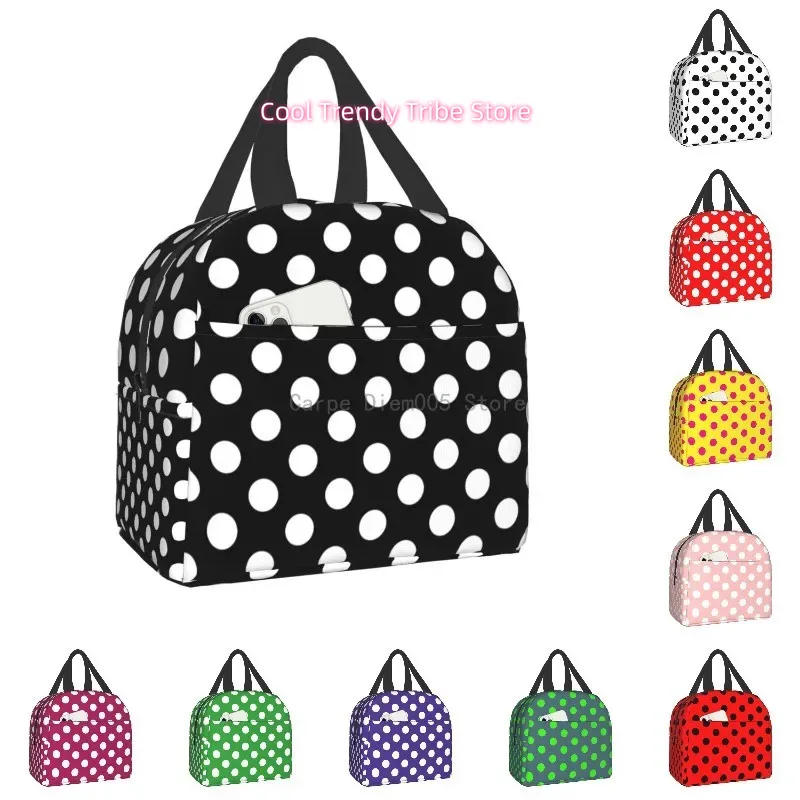 

Black and White Polka Dots Lunch for Women | Portable Insulated Thermal Cooler Lunch Box Work School Travel Picnic Bags, Oxford