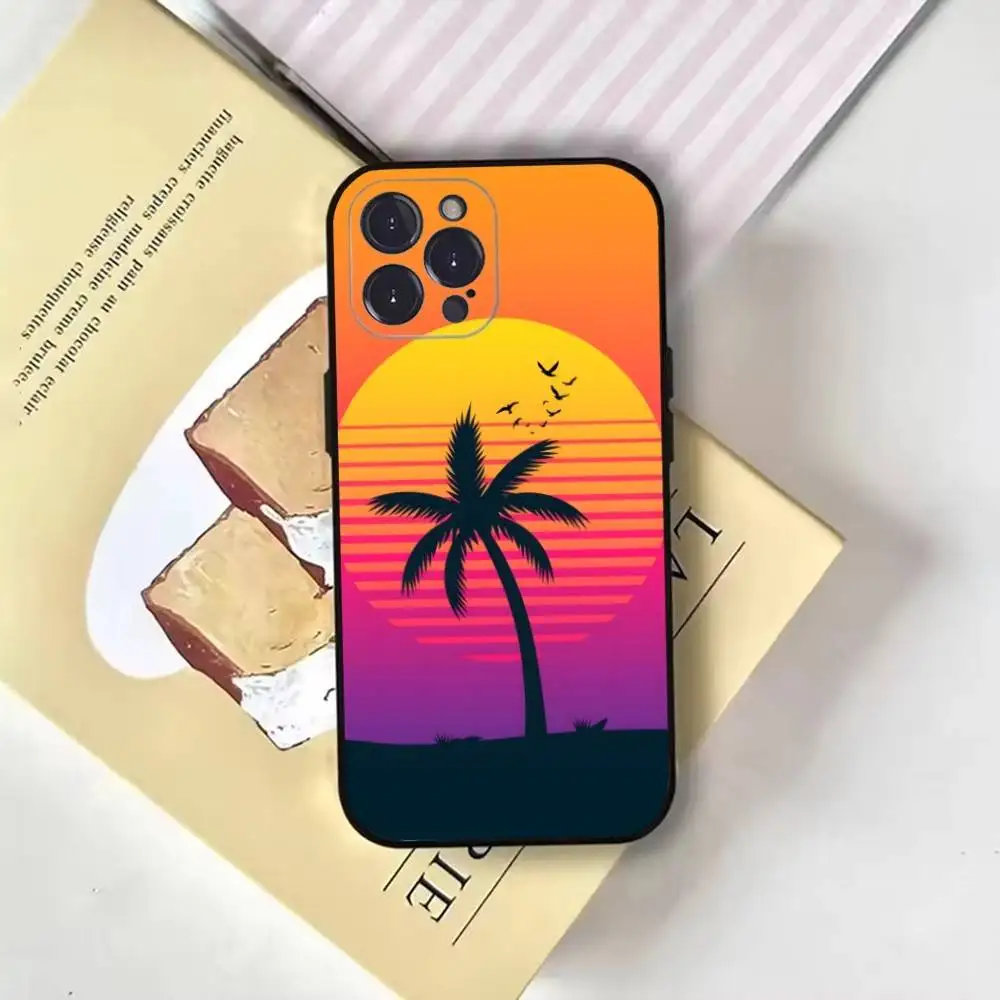 Palm Tree Beach Summer Phone Case For iPhone17,16,15,14,13,12,11 Plus,Pro Max,Soft Black Cover