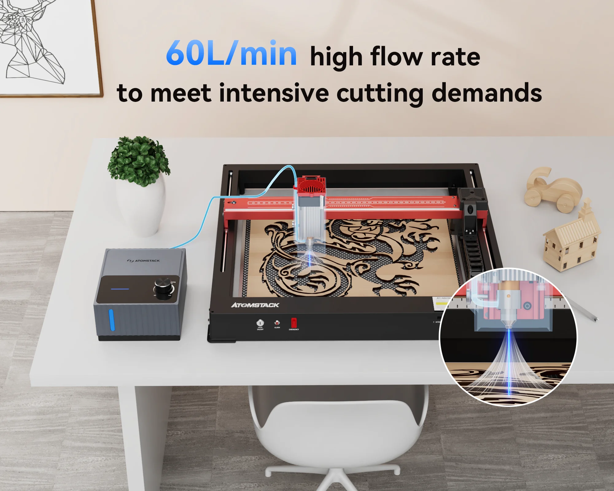 ATOMSTACK F80 Air Assist Pump For Laser Engraver Cutter Machine 10-30L/min Adjustable Airflow Remove Smoke Dust Low Noise