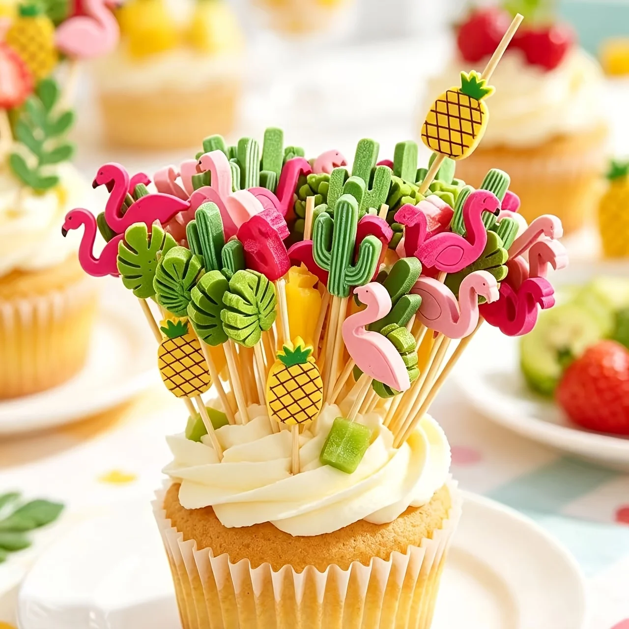 Hawaiian Flamingo Toothpick Skewers, Pineapple Palm Leaf Cactus Picks for Beach Party Drinks, Fruit, Appetizers & Buffet Decor view 5