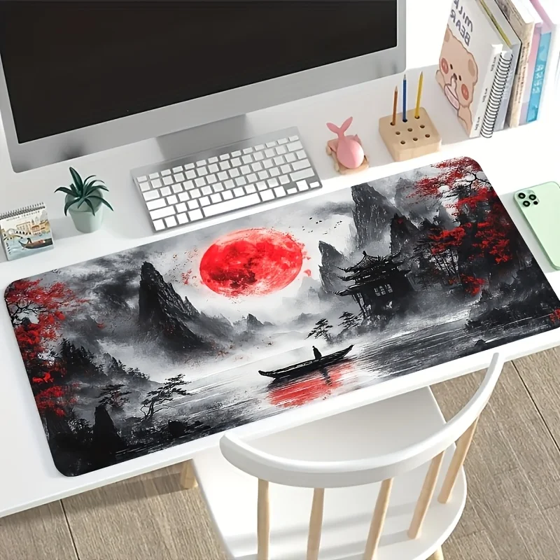 Aesthetic Red Moon Landscape Desk Mat, Extended Non-Slip Rubber Gaming Mouse Pad with Ink Wash Art Design