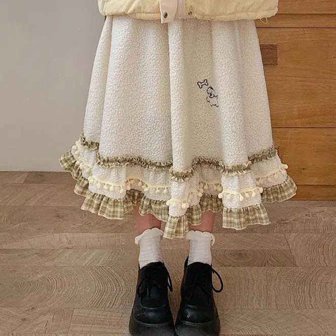 Korejpaa Woman Skirt 2024 Autumn High Waist Ruffled Patchwork Cartoon Print Vintage Clothes Outwear Casual Fashion Skirts