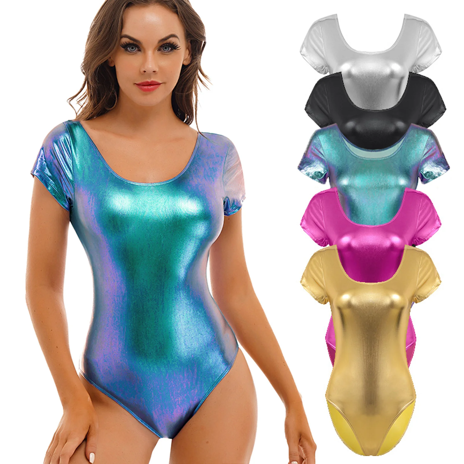 لامعة براءات الاختراع والجلود بذلة النساء Wetlook لامع الباليه ملابس رقص الجمباز ارتداءها مرحلة الأداء زي كلوبوير #3