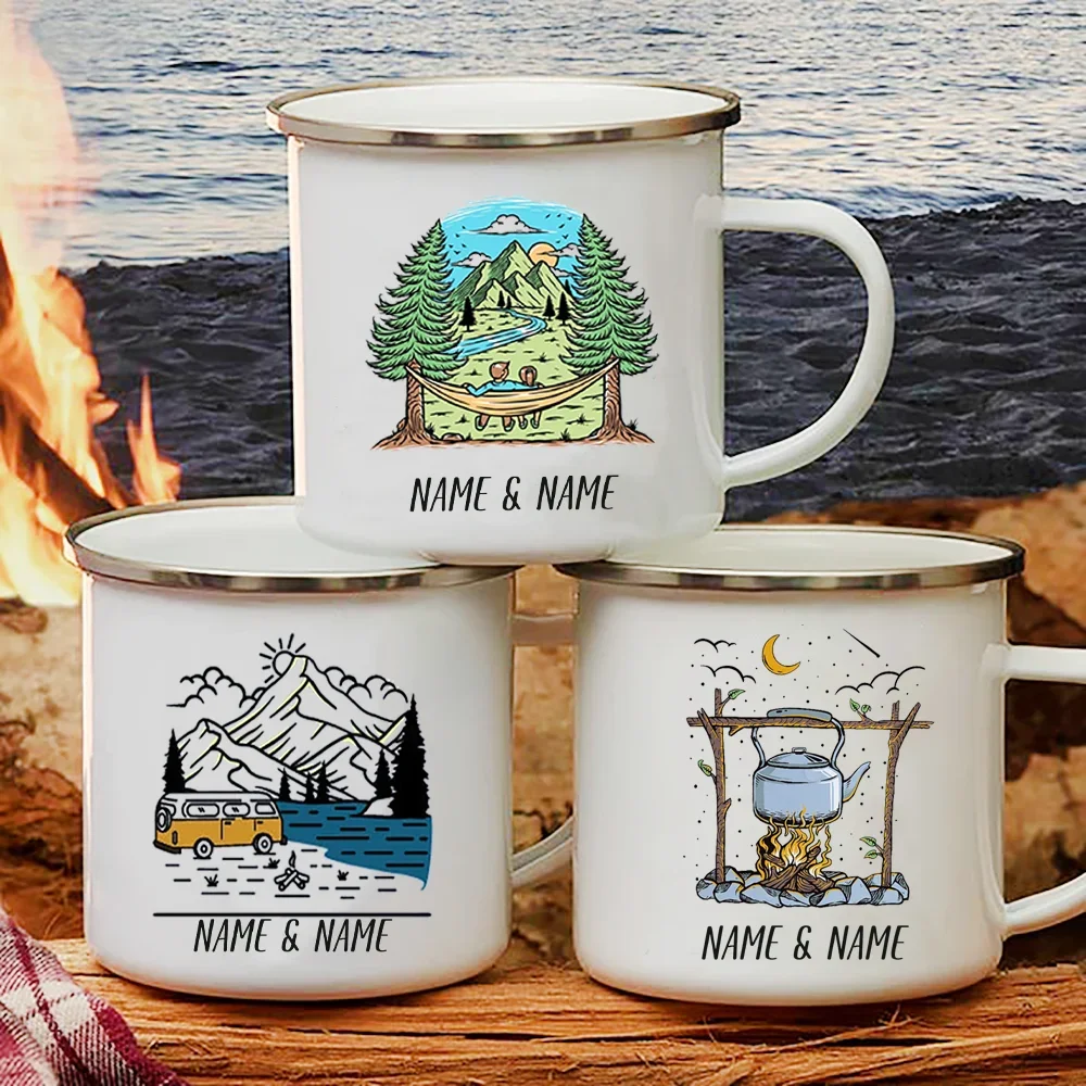 

Personalised Name Caravan Printed Camper Mugs Camping Enamel Mug Adventure Campfire Party Beer Juice Cup Gifts for Camper