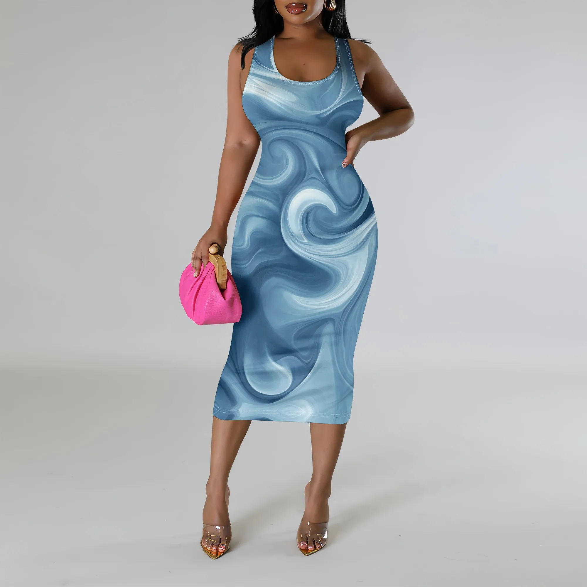 

Swirl Print Sleeveless Bodycon Dress XS-3XL | Elegant Blue Abstract Design Dress for Beach, Vacation, and Casual Summer Outfits