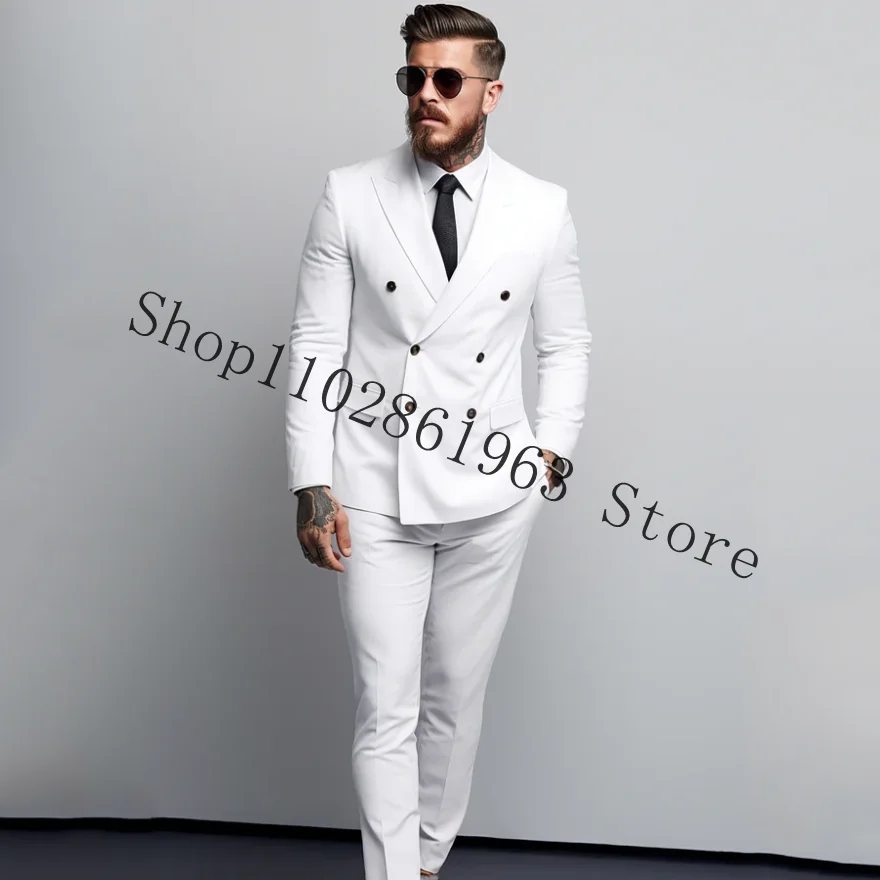 Elegant White Wedding Suits For Men 2 Pieces Suits Blazer Pants Slim Fit Groomsmen Male Suit Groom Wear Tuxedos Trajes De Hombre