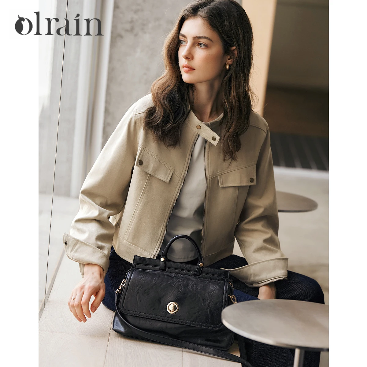 

OLrain винтажная замшевая короткая куртка для женщин зима 2025 повседневное однотонное пальто цвета хаки с воротником-стойкой на молнии женская одежда GO57QW95935