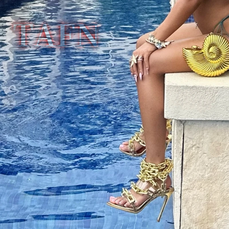 Luxury Women's Ankle Lace Up S - Gold Chain Sandal ulasan dan harga