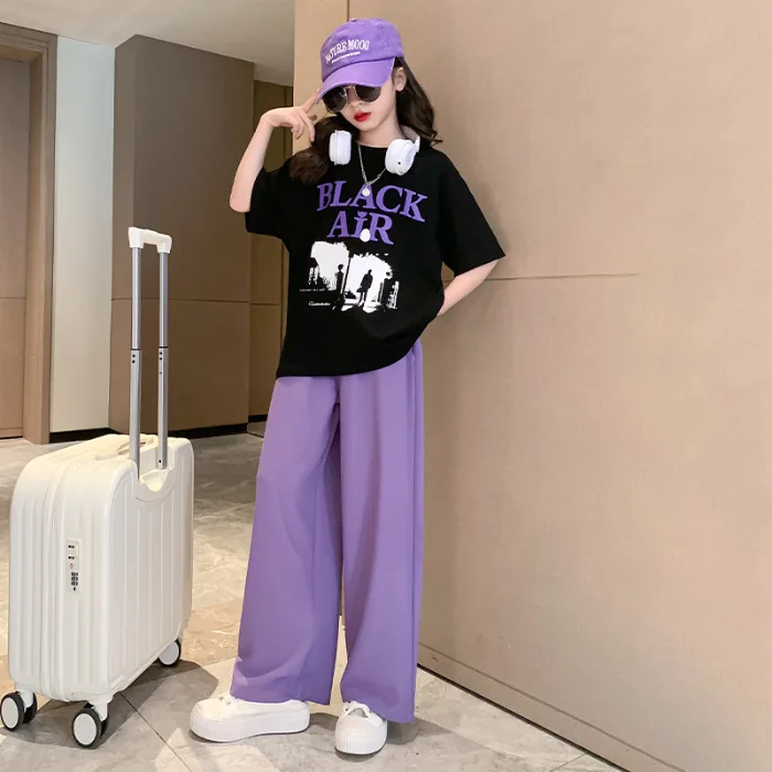 2024 summer girls Clothes Child set Sports Suit Teen tracksuit sheep print loose t shirt tops + straight pants 8 10 11 12 years