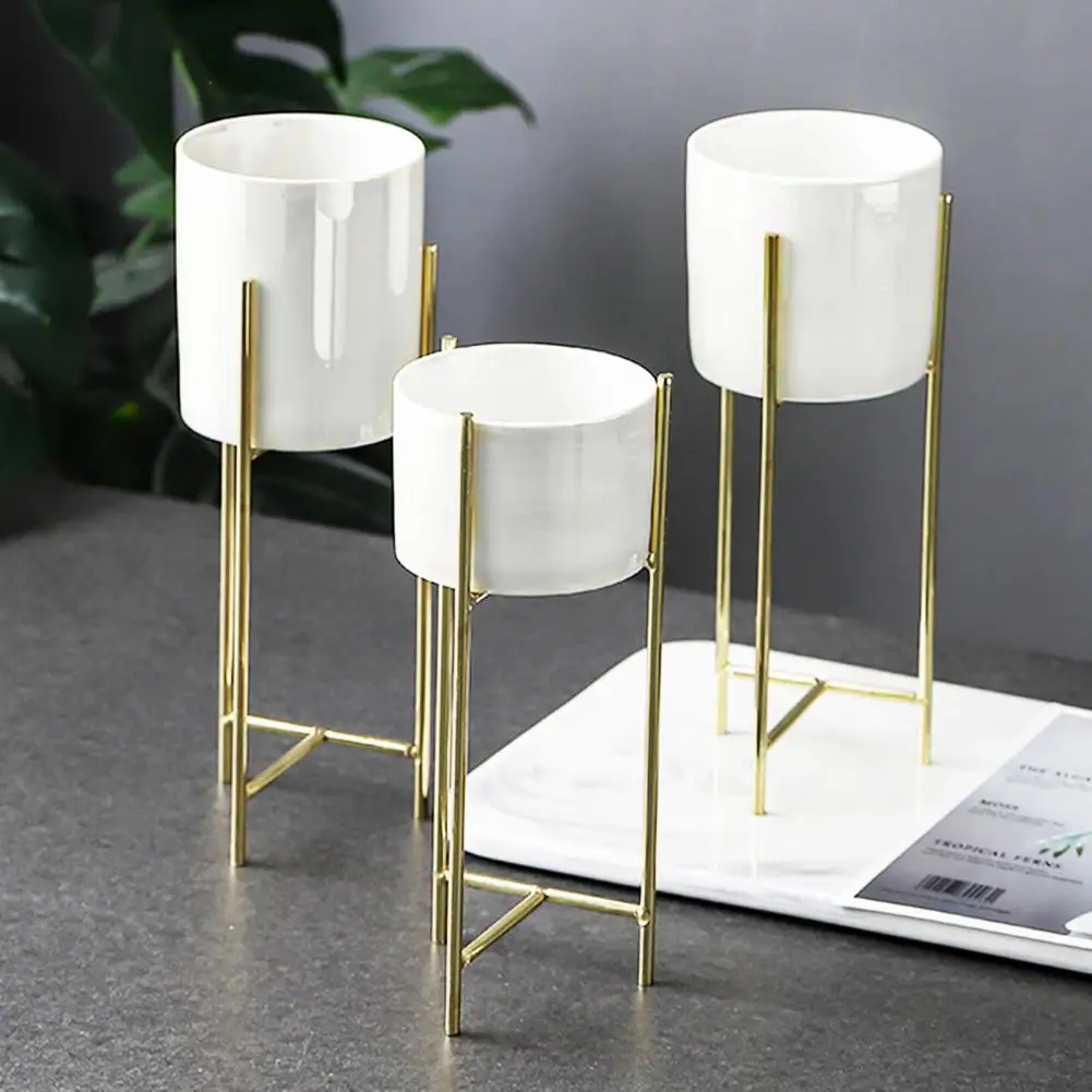 Flowerpot for Indoor Plants Minimalist Design Plant Pot Stylish Iron Frame Flower Stand with Elegant Ceramic Flowerpot for Home