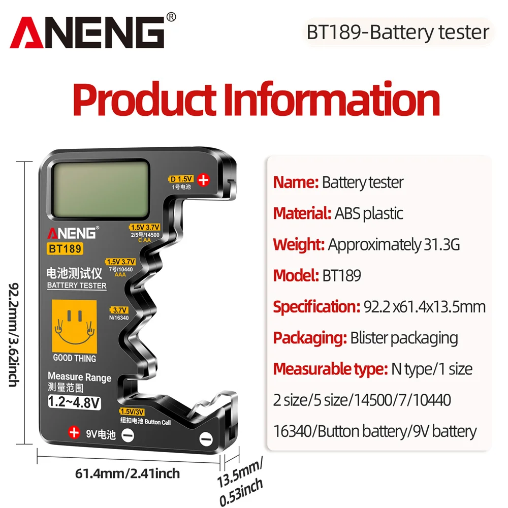 ANENG BT189 Uniwersalny tester baterii do baterii C, AAA, AAA, D, N, 9 V 6F22 1,5 V 3 V Wskaźnik baterii guzikowej Narzędzia elektryczne