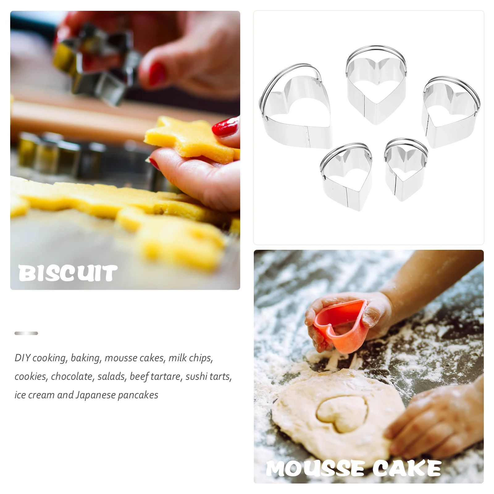 

5pcs Stainless Mousse Ring Heart Baking Cutter Lightweight Portable Cookie Mold For Cake Decoration Baking Tool