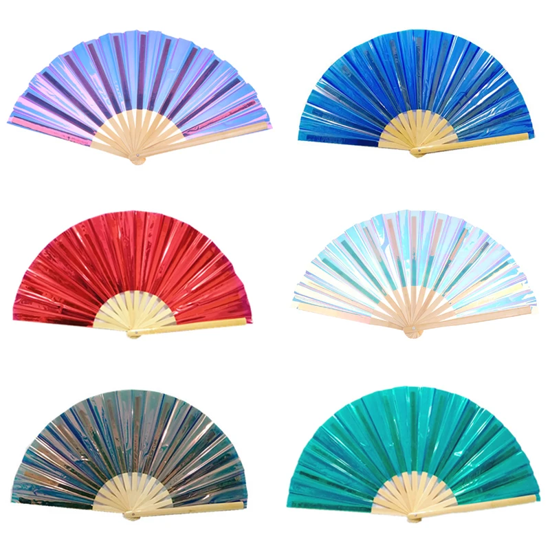 1PC PVC Tai Chi Fan 33cm Bamboo Fan Laser Kung Fu Folding Fan Craft Gifts Stage Performance Dance Party Photography Props Fan