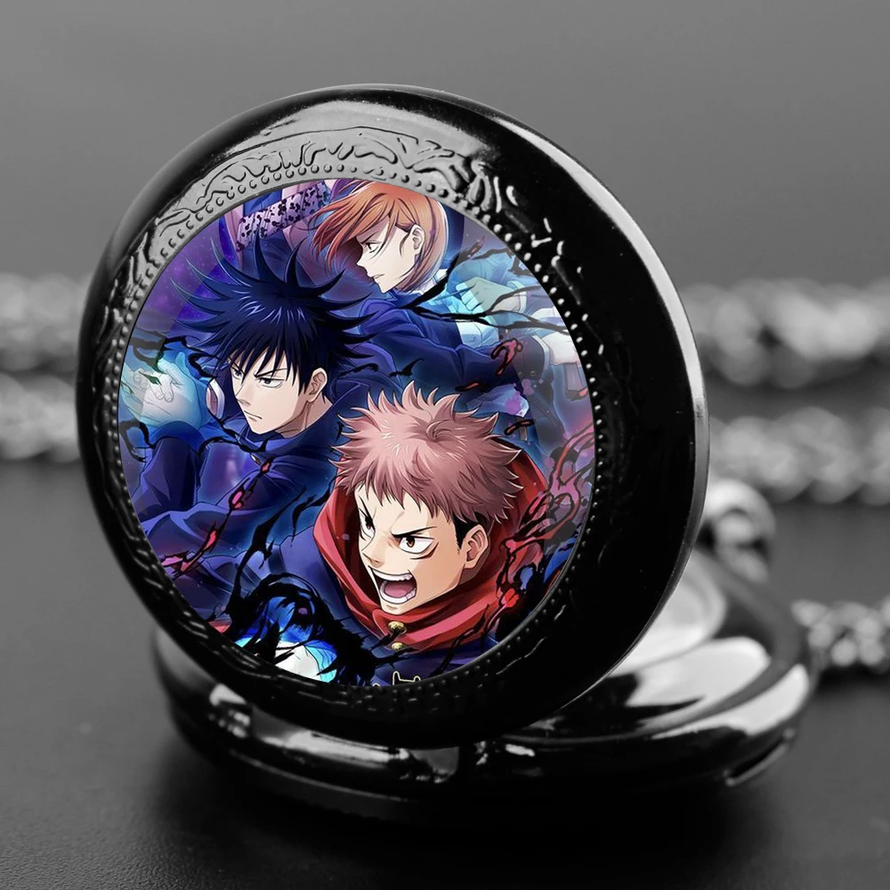 New Quartz Pocket Watch Classic Anime Jujutsu Kaisen Theme Glass Dome Arabic Numerals Pendant Necklace Men Womens Gift