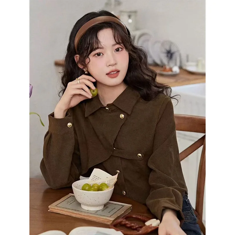 

Women Clothes Spring Autumn Fashion Casual Button Solid Color Polo Collar Women Shirts Ladies All-match Appear Thin Long Sleeve