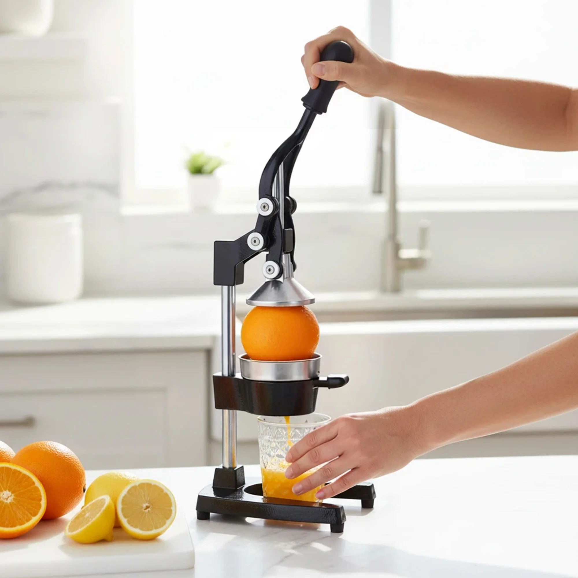 SIAZIH Professionelle Manuelle Zitruspresse, robuste Orangenpresse aus Gusseisen, kommerzielle Fruchtpresse, Handpresse für Zitrone, Limette, Granatapfel, Grapefruit, Schwarz – Detail 6