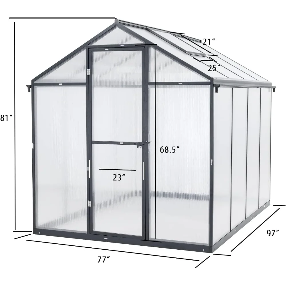 Greenhouse with Heavy-Duty Aluminum Frame, 6' X 8' Walk-in Polycarbonate 1 Vent Window & Lockable Door, Greenhouse