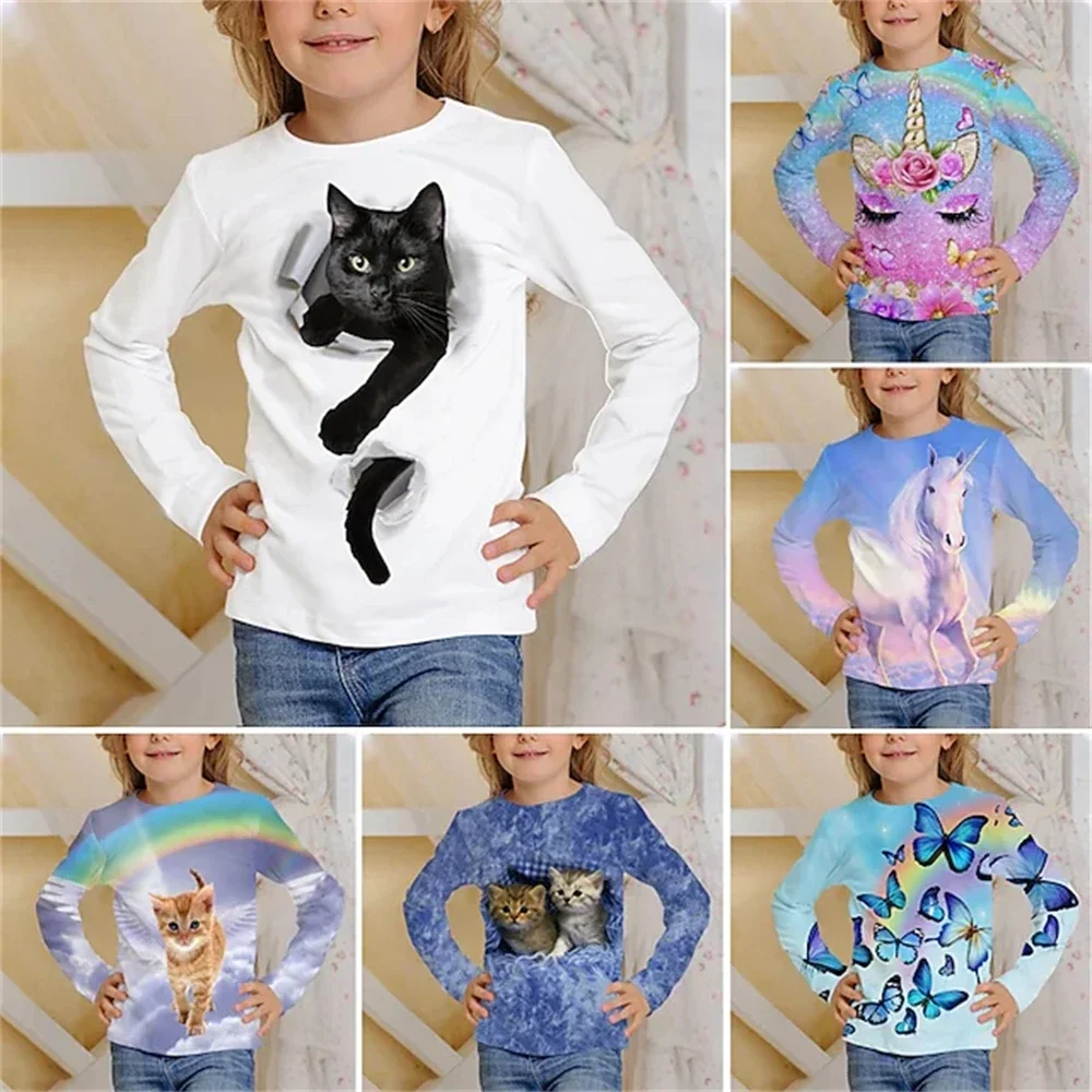 

2024 Baby Summer Clothes Long Sleeve T Shirt Kids Graphic T Shirts Cartoon Unicorn Girl T-Shirts One Piece Children's Clothing
