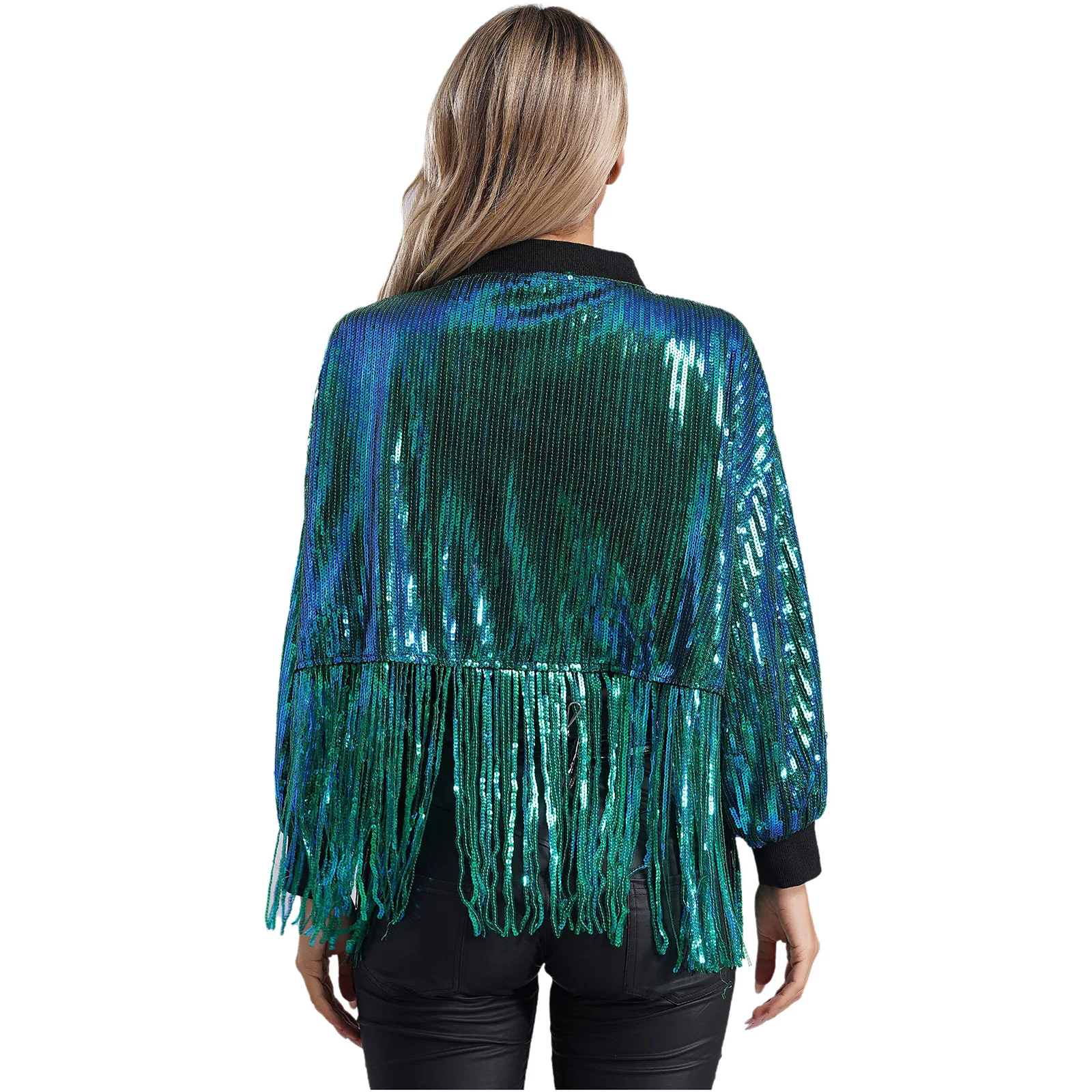 Women's Sequin Fringe Cropped Jackets Sparkly Long Sleeve O-Ring Front Zip Party Club Outfits Y2k Streetwear Bomber Jacket Coat