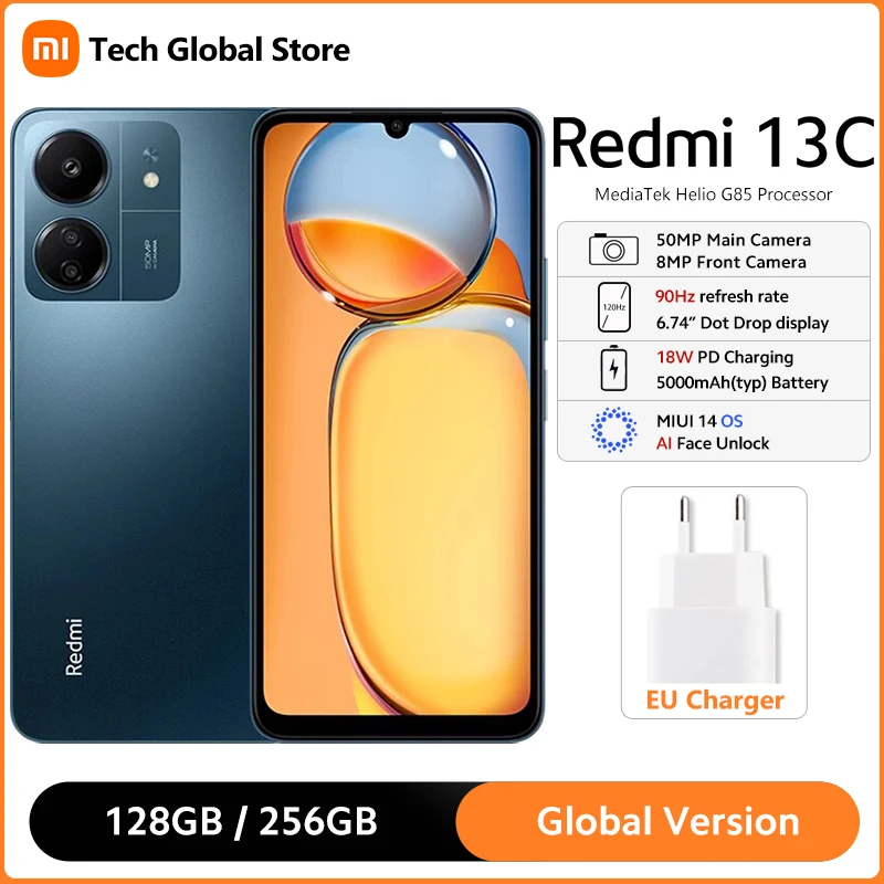 xiaomi smartphone redmi 13c mtk helio g85 octa core 674 display hd mais 90hz camera 50mp bateria 5000mah 8gb 256gb versao global 01