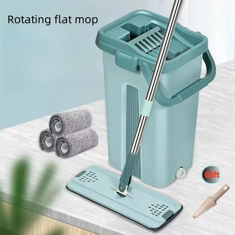 Flat Squeeze Mop com balde, Wringing Floor Cleaning, Microfiber Pads, uso molhado ou seco em madeira laminado, mão livre