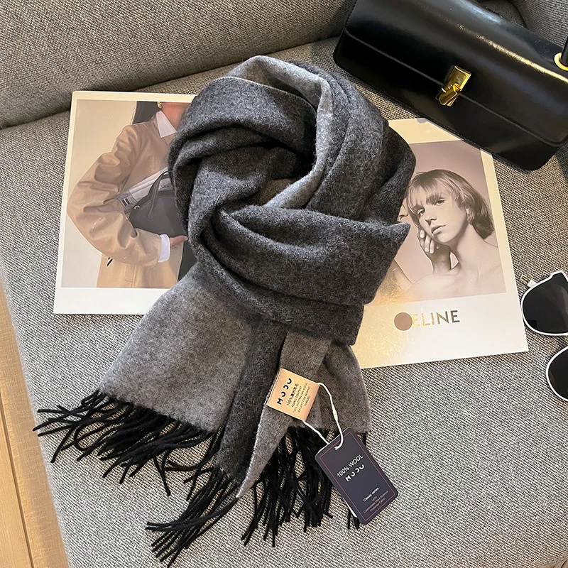 100% Wool Scarf For Women Men British Style Tartan Solid Cashmere Scarves With Tassel Female Winter Warm Neck Scarf Shawl 2024