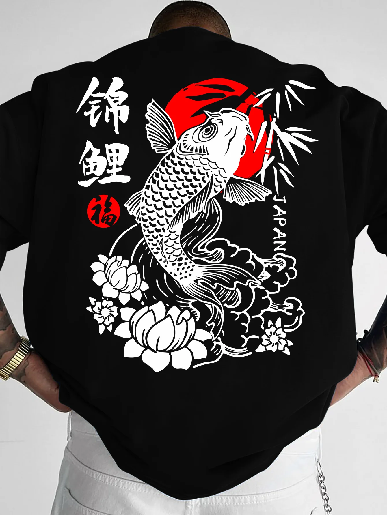 Men's Lucky Koi Fish Graphic T-shirt Oversized 100% Polyester Chinese Traditional Lotus Print Casual Streetwear Tops S-XXL