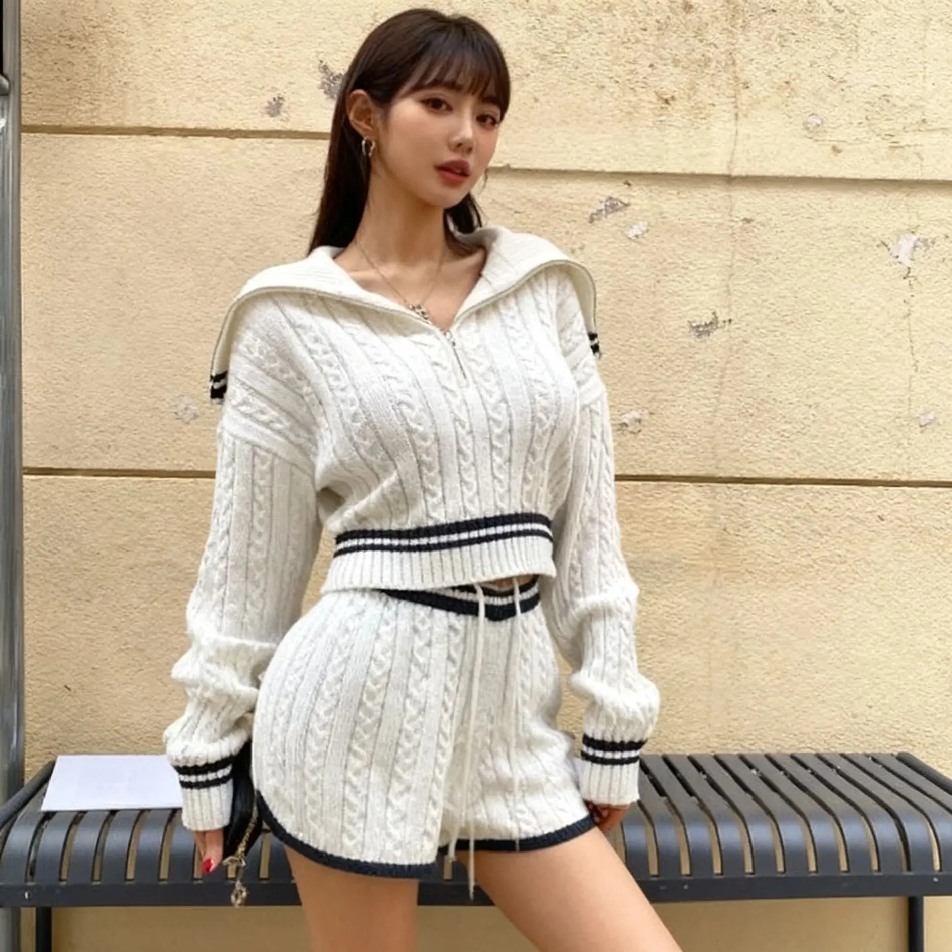 Casual Simple Sweet Women's Knitted Two-piece Set Fashion Korean Turn-down Collar Short Sweater High Waisted Straight Leg Shorts