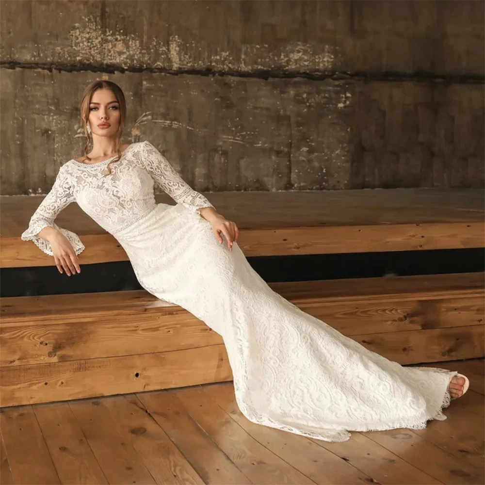 

Customized BOHO 2024 Mermaid Wedding Dress Long Sleeves Zipper Back Bride Dress Lace Bridal Gown Vestidos De New YMW137