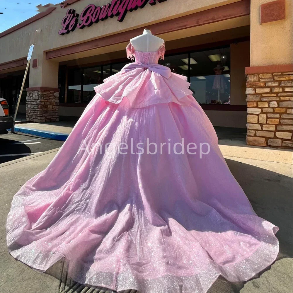 Angelsbridep Glitter Tulle Pink Ball Gown 15 Year Old Quinceanera Dresses 2025 Tassel Beading Tiered Off Shoulder Evening Dress