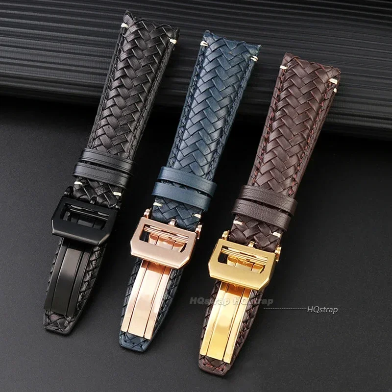 20mm 22mm Cowhide Woven Watchband for IWC Portugieser Pilot Curved Flat End Bracelet for Omega High Quality Genuine Leather Belt