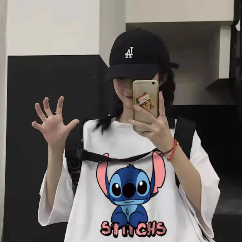 Kawaii Disney Stitch Short-Sleeved T-Shirt Cotton Summer Style for Men and Women Loose and Versatile Half-Sleeved Couple Style