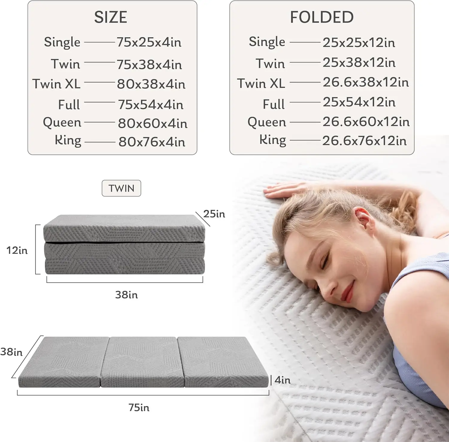 Tri-Fold Memory Foam Mattress, 4 inch Queen Folding Mattress with Collapsible and Washable Cover, Travel and Guest Mat