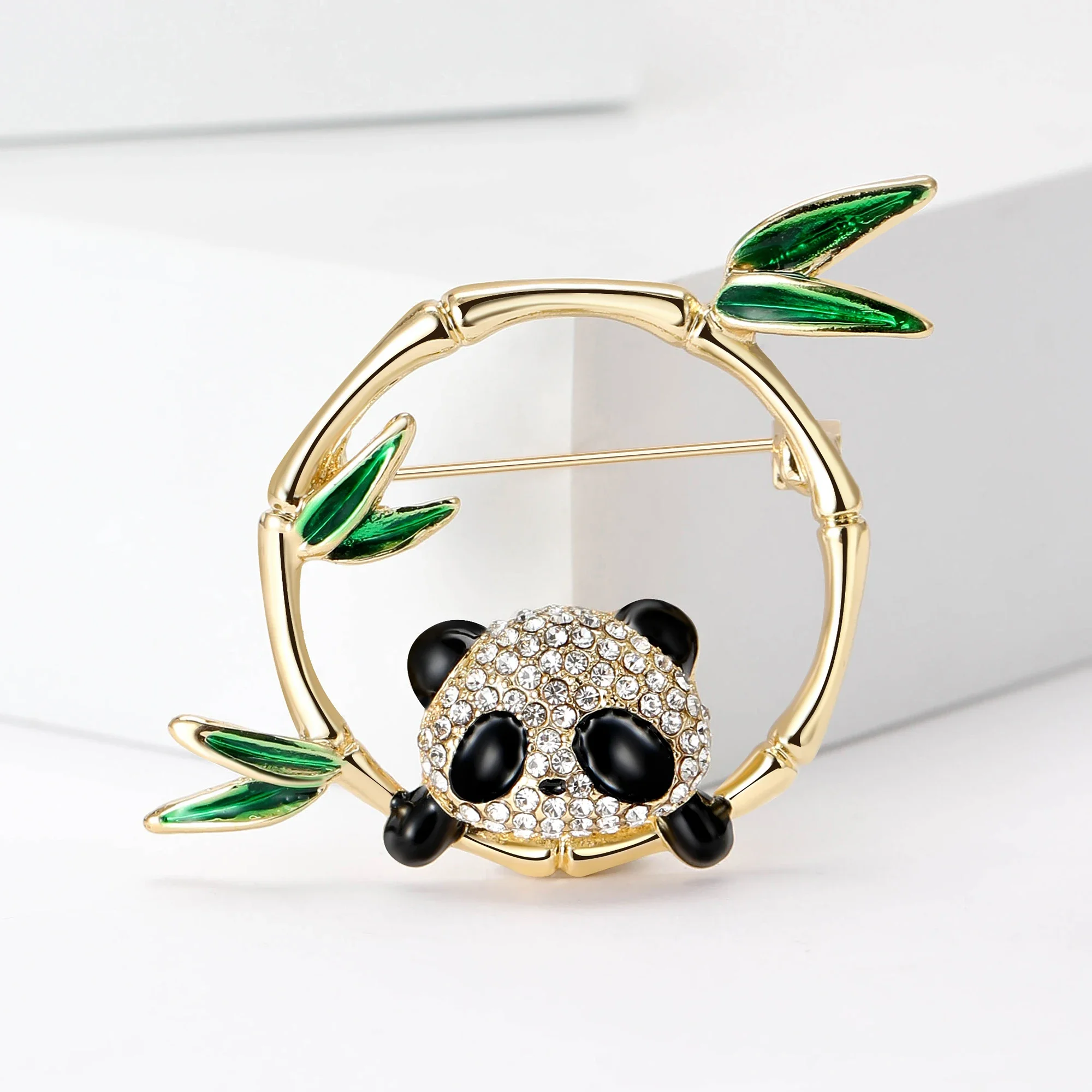 Stylish Rhinestone Bamboo Hoop Panda Brooches for Women Unisex Animal Pins Event Party Backpack Decoration Clothes Accessories