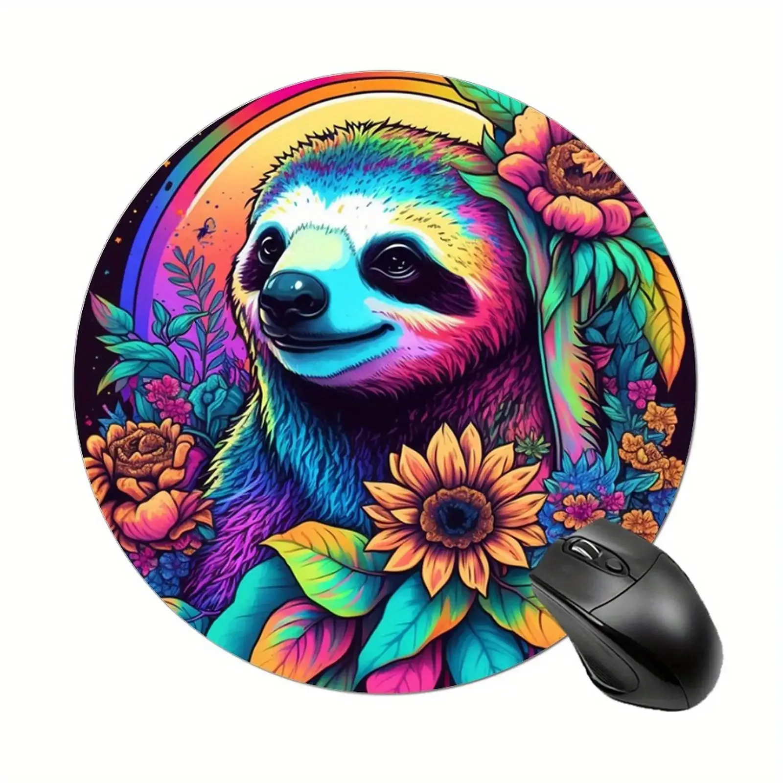 

Cute sloth round mouse pad, anti-slip rubber base, washable computer game accessory, high-definition printing desk mat