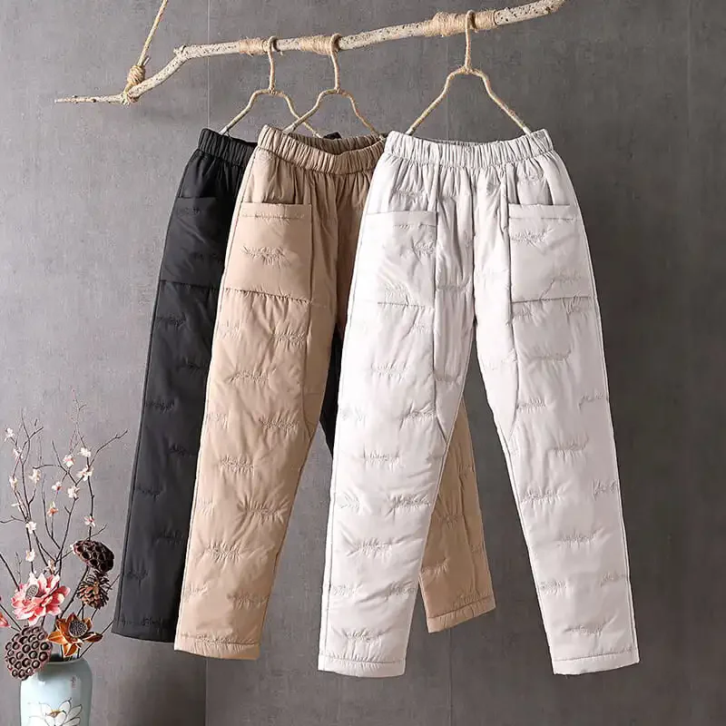 2026 moda cintura elástica calças de algodão feminino inverno bolsos soltos calças retas quentes mulher cintura alta engrossar calças de algodão