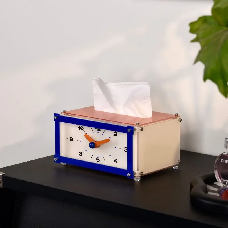 Acrylic Table Clocks Restaurant Multifunctional Tissue Box Living Room Desk Clocks Office Desktop Watch with Storage Box