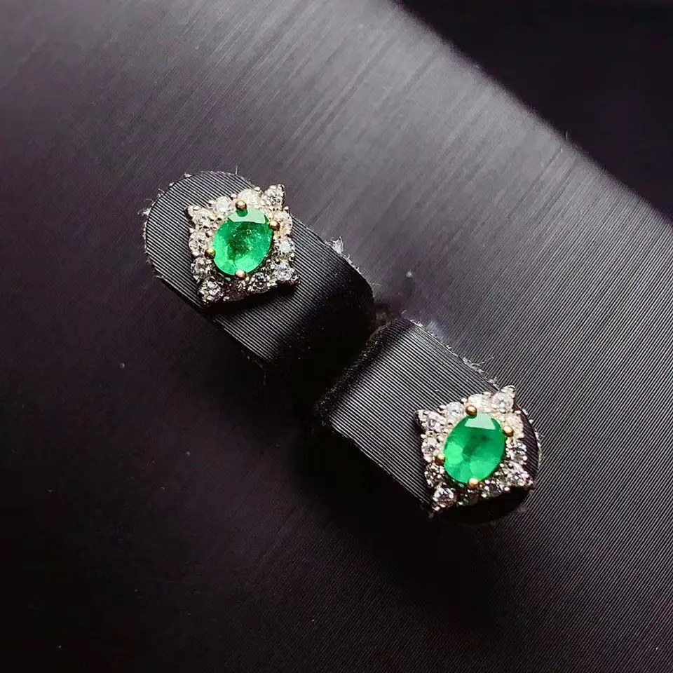 Luxury Sterling Silver Emerald Earrings for Wedding 3mm*4mm Total 0.3ct Natural Emerald Silver Earrings with 18K Gold Plated