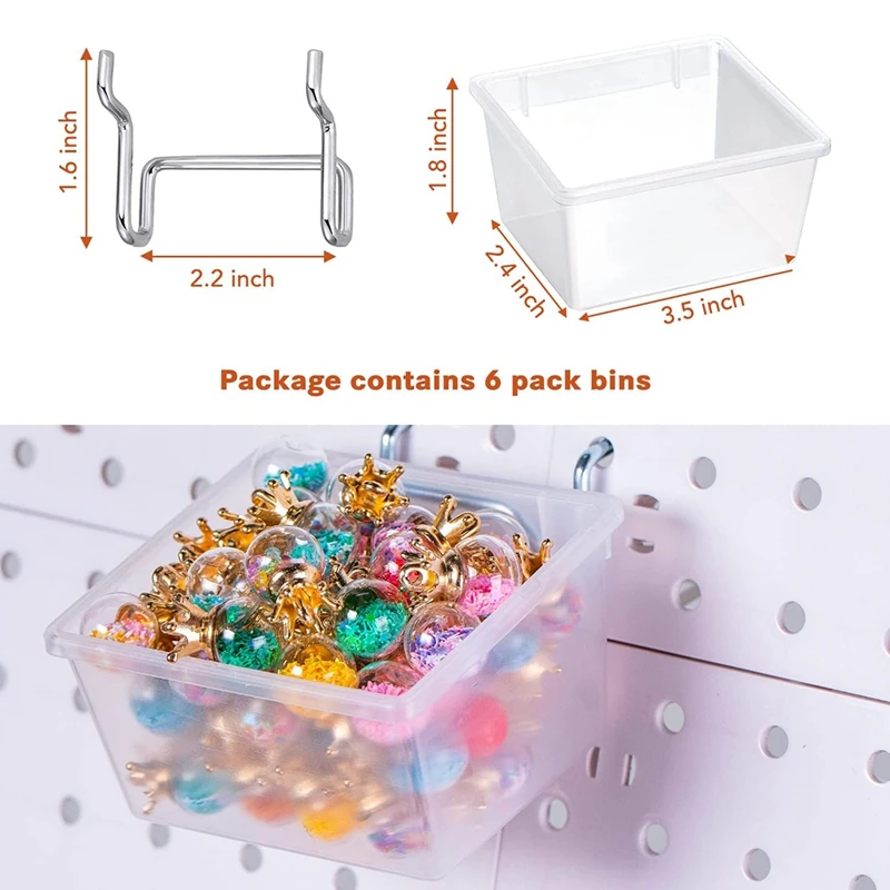Contenedores transparentes de tablero de clavijas, ganchos para contenedores de tablero de clavijas, accesorios de tablero de clavijas DIY, contenedores pequeños de banco de trabajo, aptos para tablero de clavijas 1/4 -1/8, paquete de 6