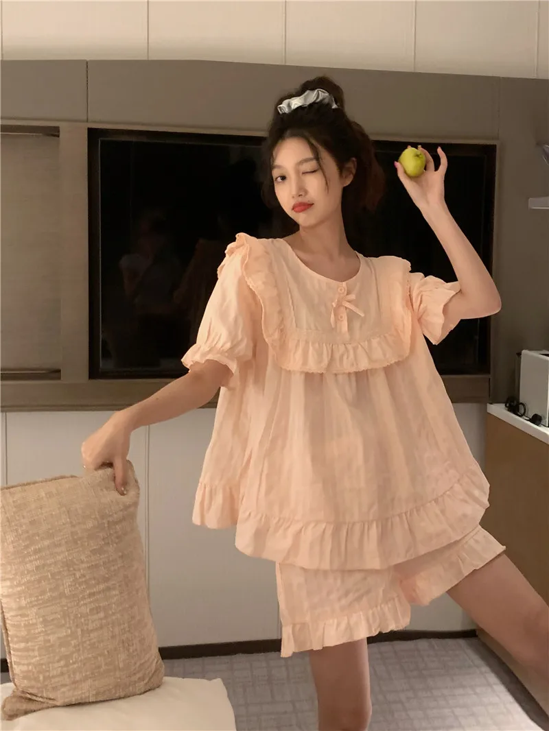 Cotton Jacquard Lace Sweet Princess Loose Leisure Wear Pajamas Set Women Sweet Pink Kawaii Summer Home Suit Korean Sleepwear