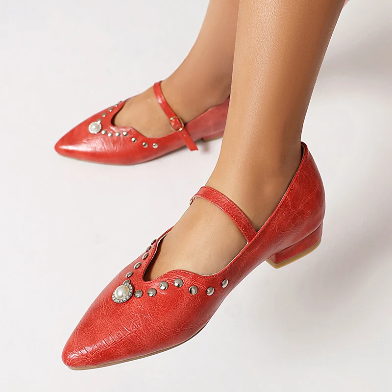 

Big Size 45 46 47 48 Retro British Style Pointed Toe Women's Flats Loafers Rivets Buckle Strap Casual Low Heels Mary Jane Shoes