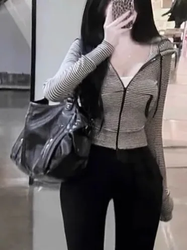 T-shirt lunga Sve slim fit da donna primavera autunno con cappuccio a righe Ele Top ort Cardigan Faionable Commute Sle