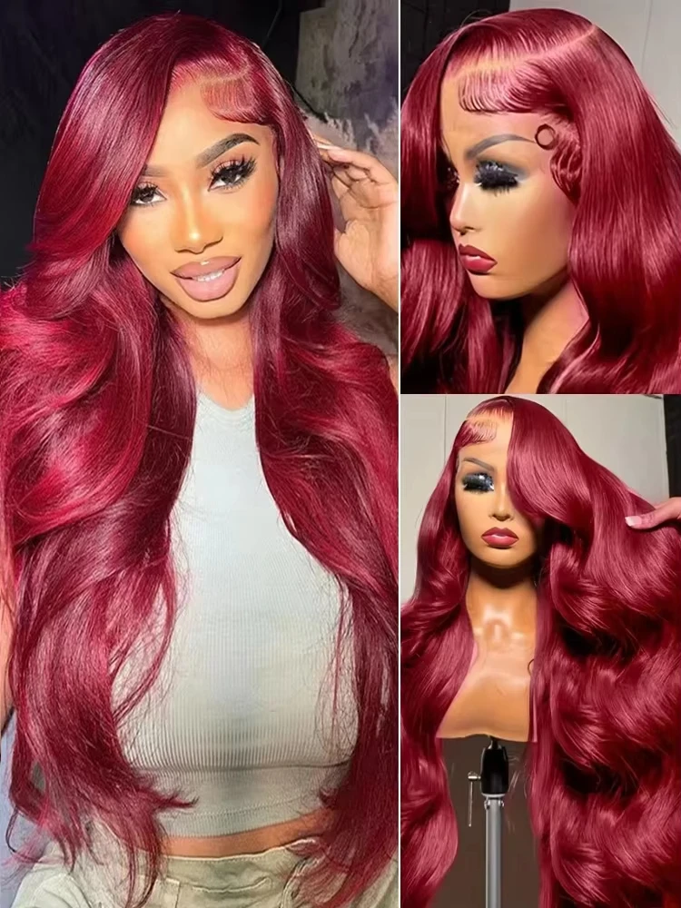 Wig Rambut Asli Burgundy 99j Model Body Wave dengan Lace Front 13x6 HD