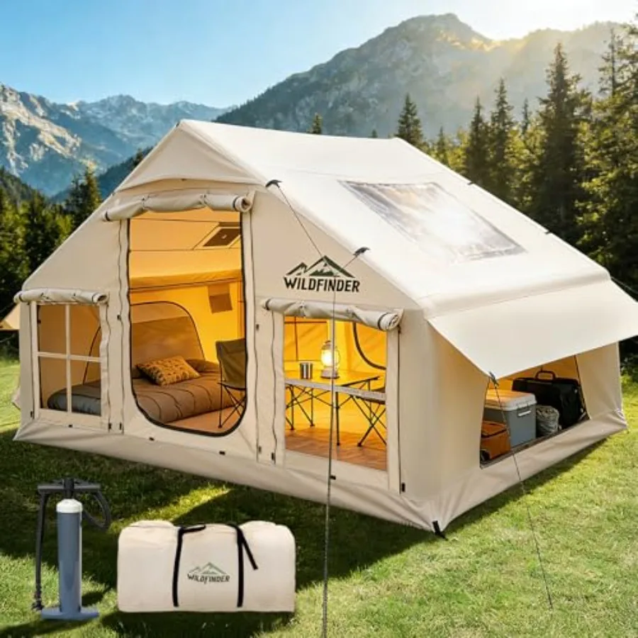 

Camping inflatable tent with skylight, waterproof Oxford fabric, gray, quick-setup blow-up design with integrated pump and stov