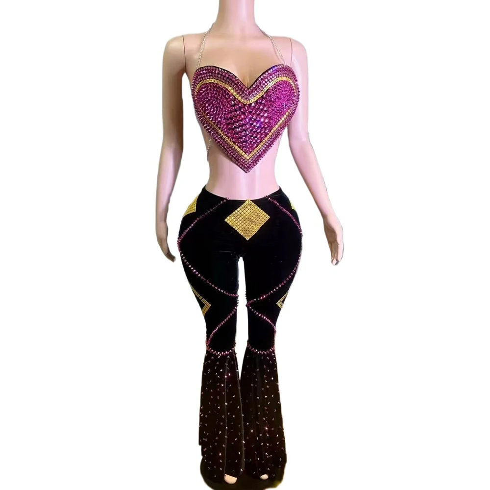 

Sparkly Rhinestones Chains Crop Top Pants Two Pieces Set for Women Sexy Backess Birthday Peformance Dance Costume Stage Wear