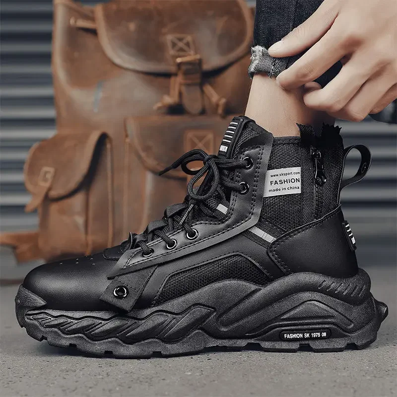 

Men's New Hot Selling Sneaker Boots Platform Black Lace Up Low Price Male Shoes Vintage Trendy Non Slip Comfortable Botas Hombre