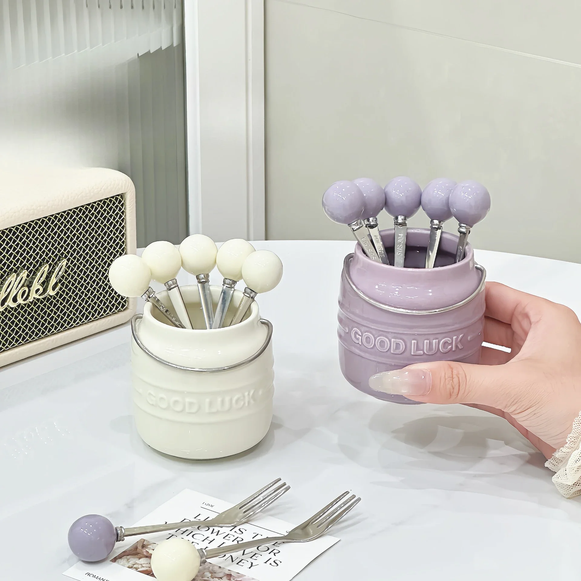 Good Luck Fruit Fork Tube Set Living Room Household Fruit Fork Storage  Cream Style Creative Dessert Fruit Stick Box