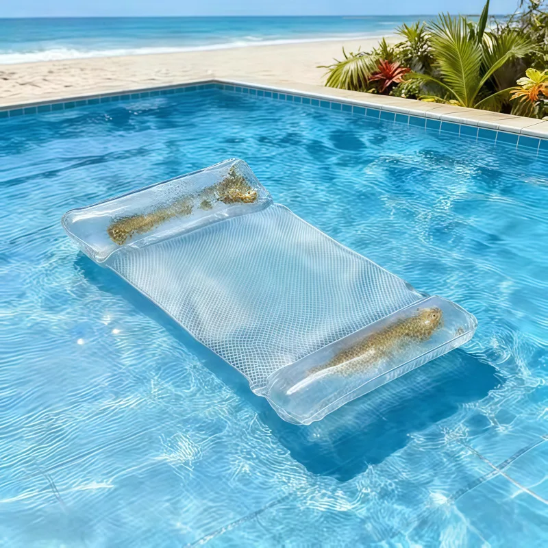 2026 New Summer PVC Transparent Glitter Sequin Inflatable Float Foldable Air Hammock Pool Party Lounge Chair for Adults